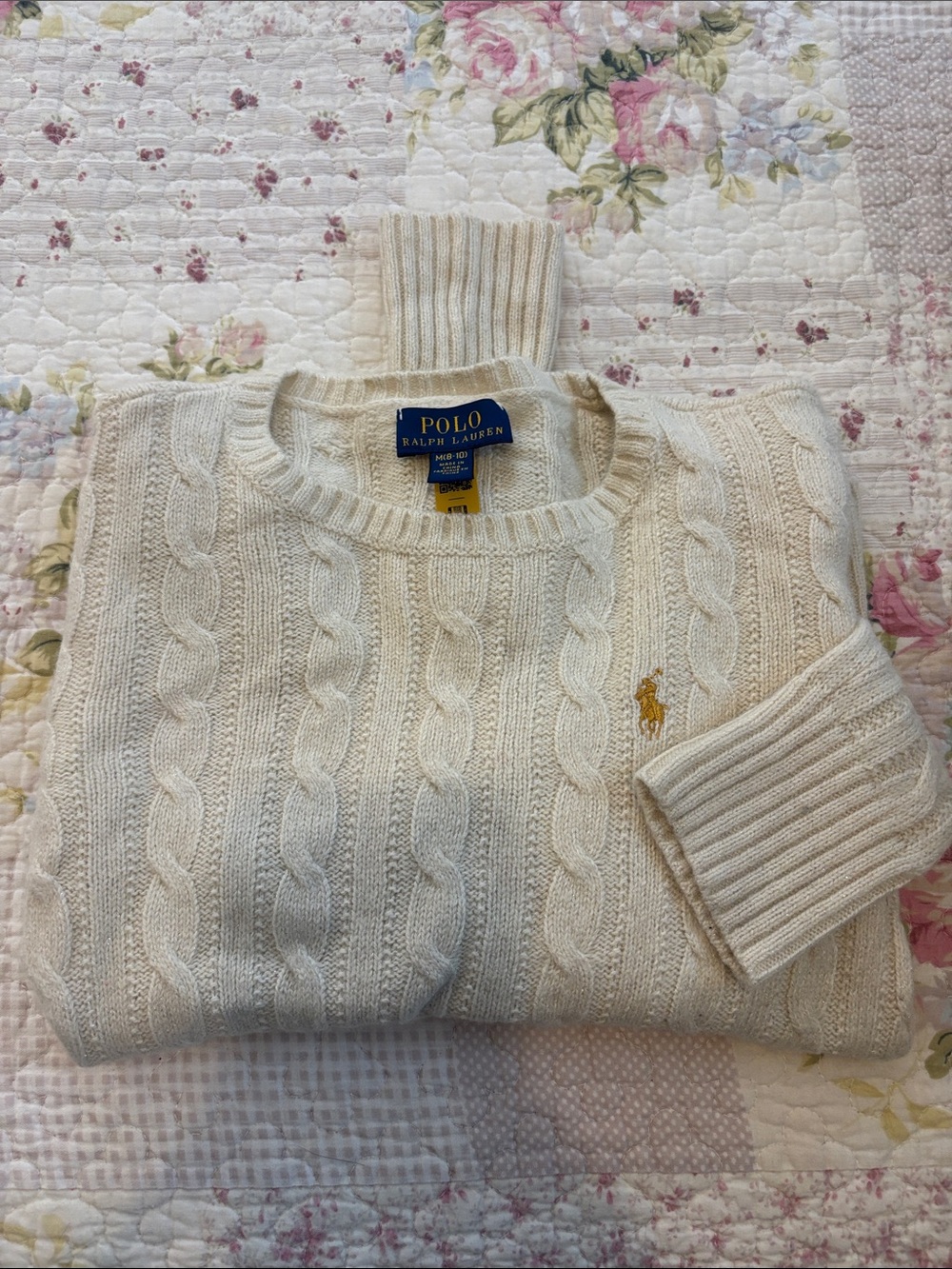 Polo by Ralph Lauren Cream Cable Knit Crewneck Sweater with Gold Pony